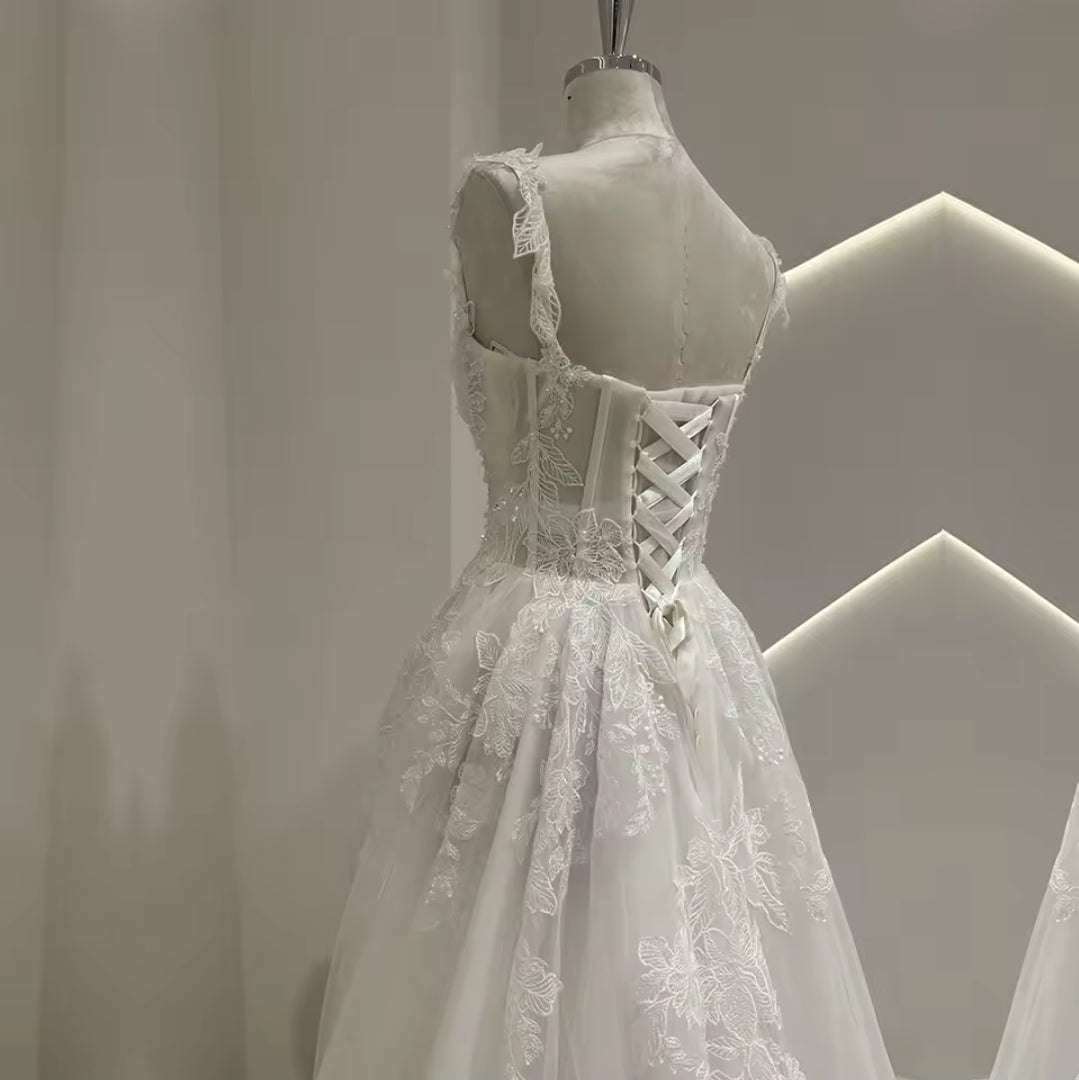 Sequin Floral Leaf Appliqué Strap Lace Sweetheart Bridal And Ceremonial Gown With Center Bow Detail And 50 CM Train