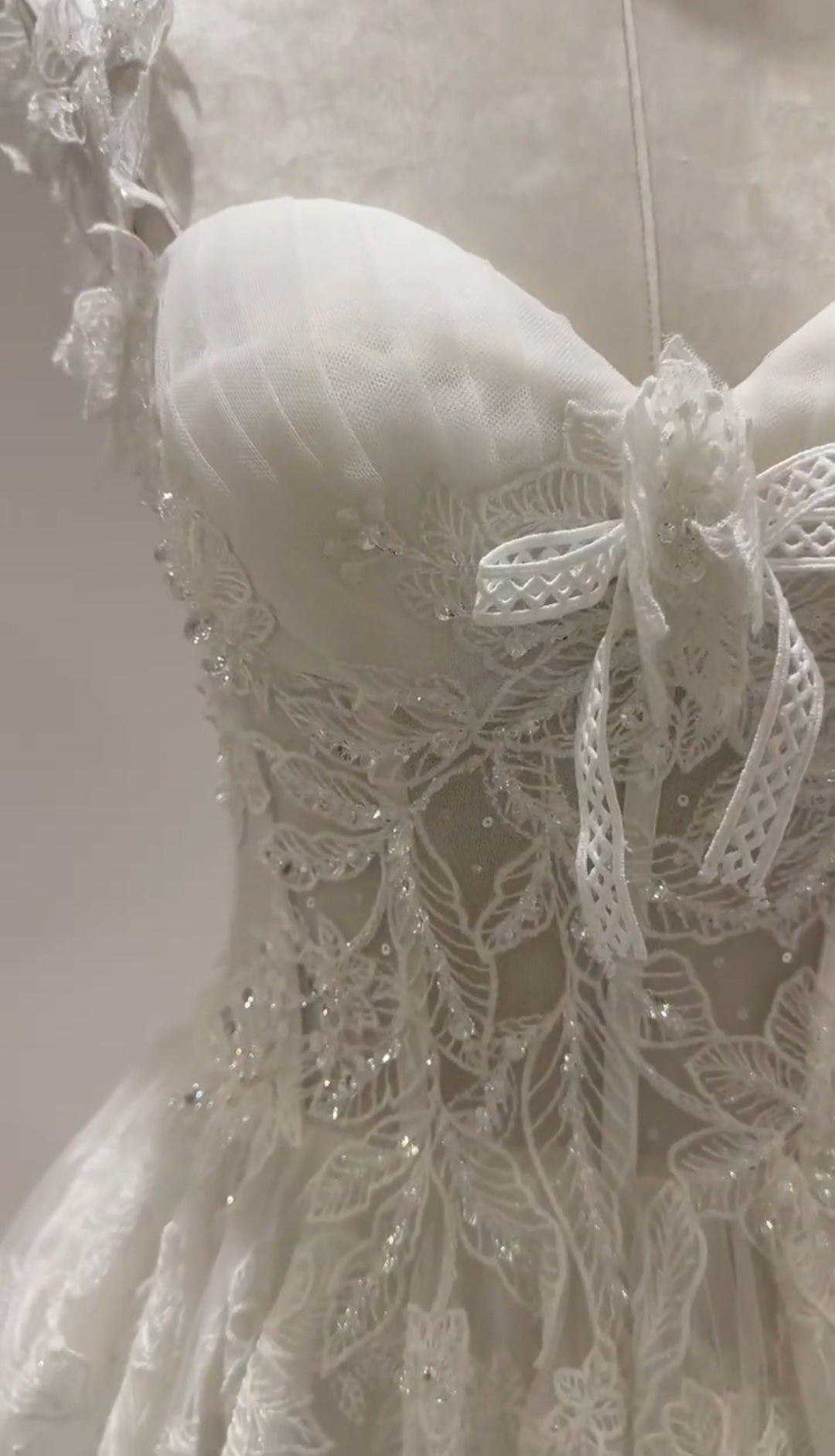 Sequin Floral Leaf Appliqué Strap Lace Sweetheart Bridal And Ceremonial Gown With Center Bow Detail And 50 CM Train