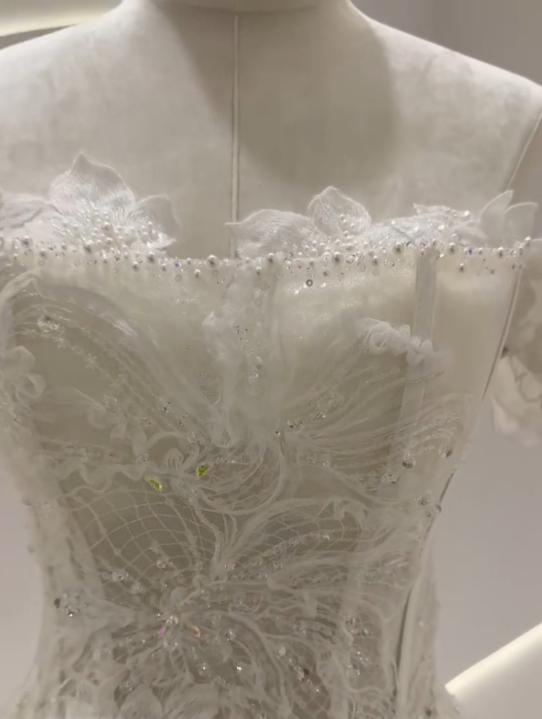 Multi Beaded Off Th Shoulder Floral Lace Appliqué Underlay Detail Sequin Lace Bodice A-Line Gown With 50 CM Train