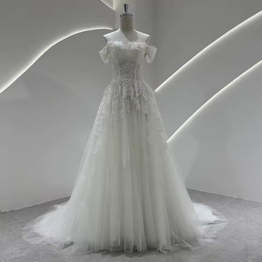 Multi Beaded Off Th Shoulder Floral Lace Appliqué Underlay Detail Sequin Lace Bodice A-Line Gown With 50 CM Train