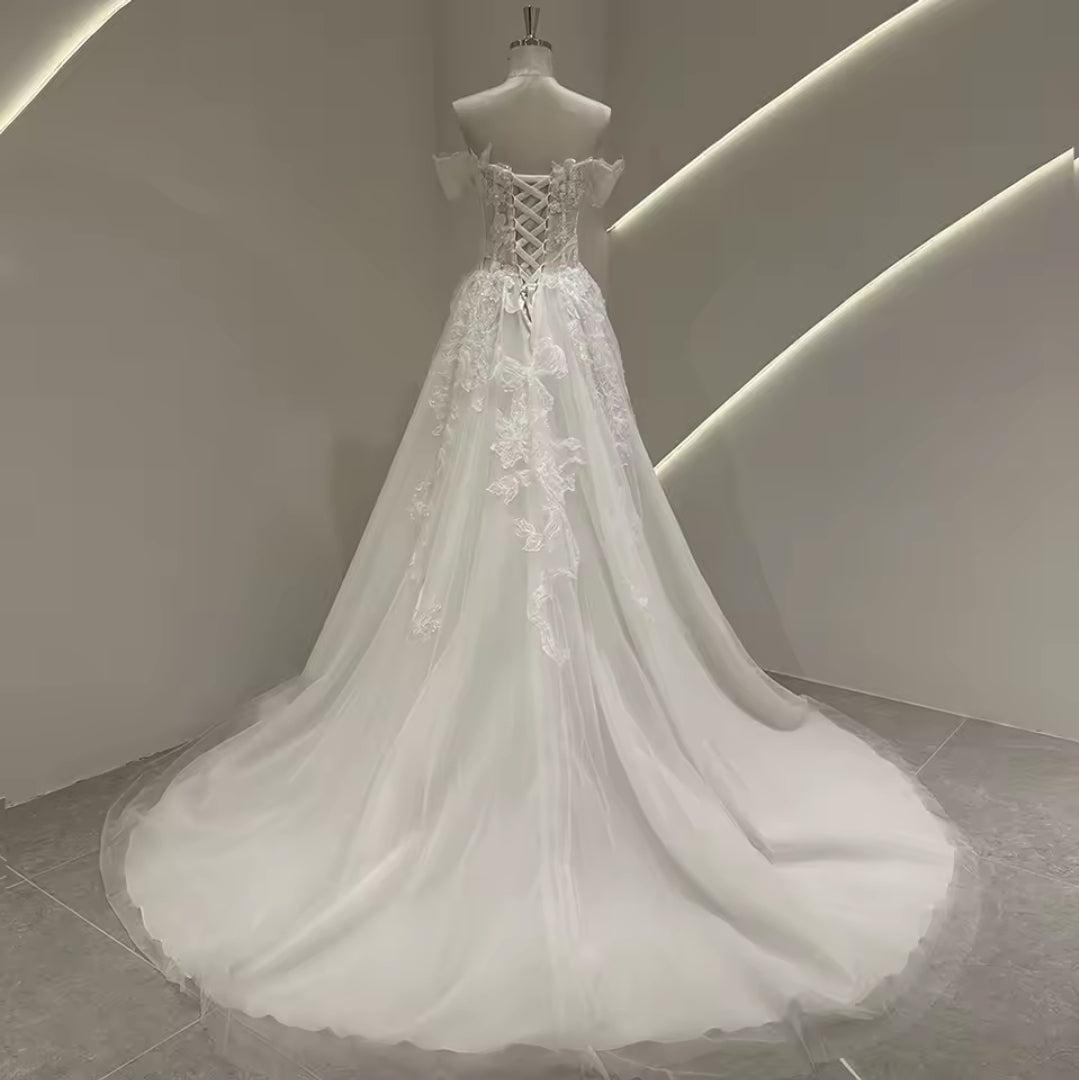 Multi Beaded Off Th Shoulder Floral Lace Appliqué Underlay Detail Sequin Lace Bodice A-Line Gown With 50 CM Train