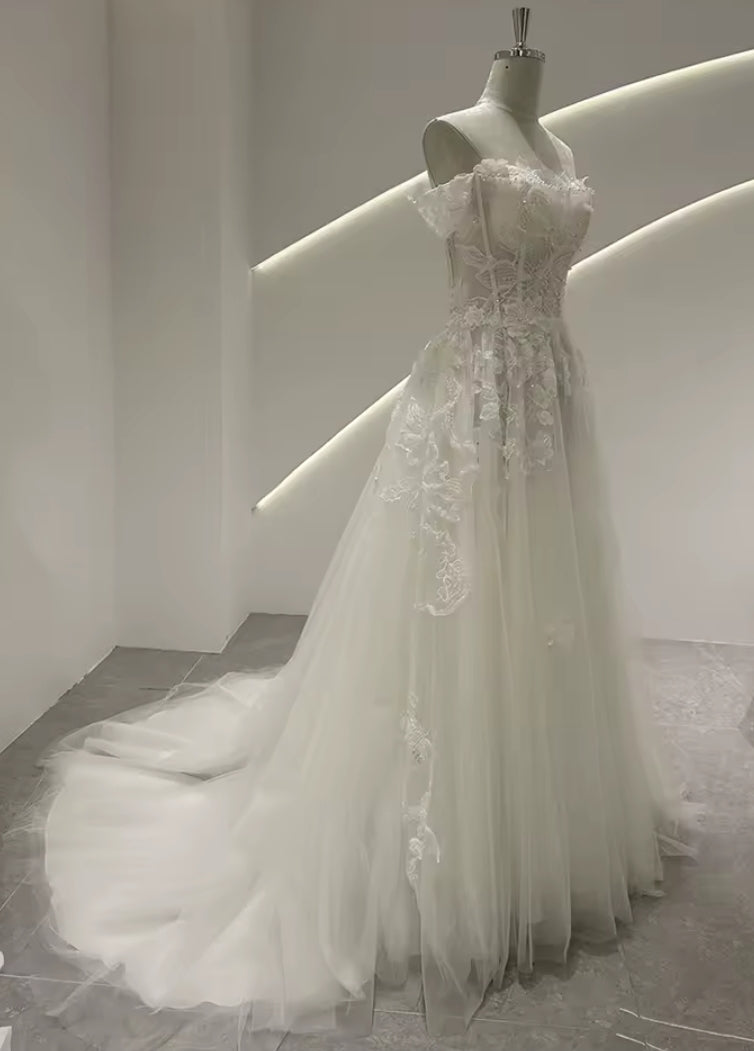 Multi Beaded Off Th Shoulder Floral Lace Appliqué Underlay Detail Sequin Lace Bodice A-Line Gown With 50 CM Train