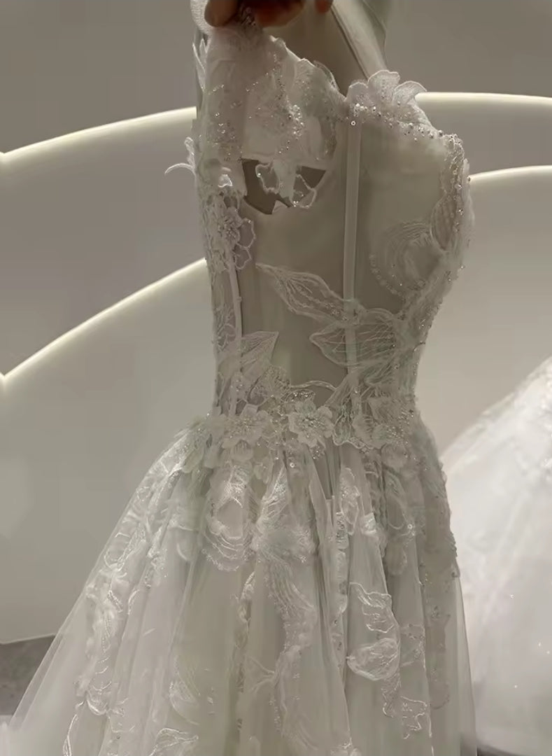 Multi Beaded Off Th Shoulder Floral Lace Appliqué Underlay Detail Sequin Lace Bodice A-Line Gown With 50 CM Train