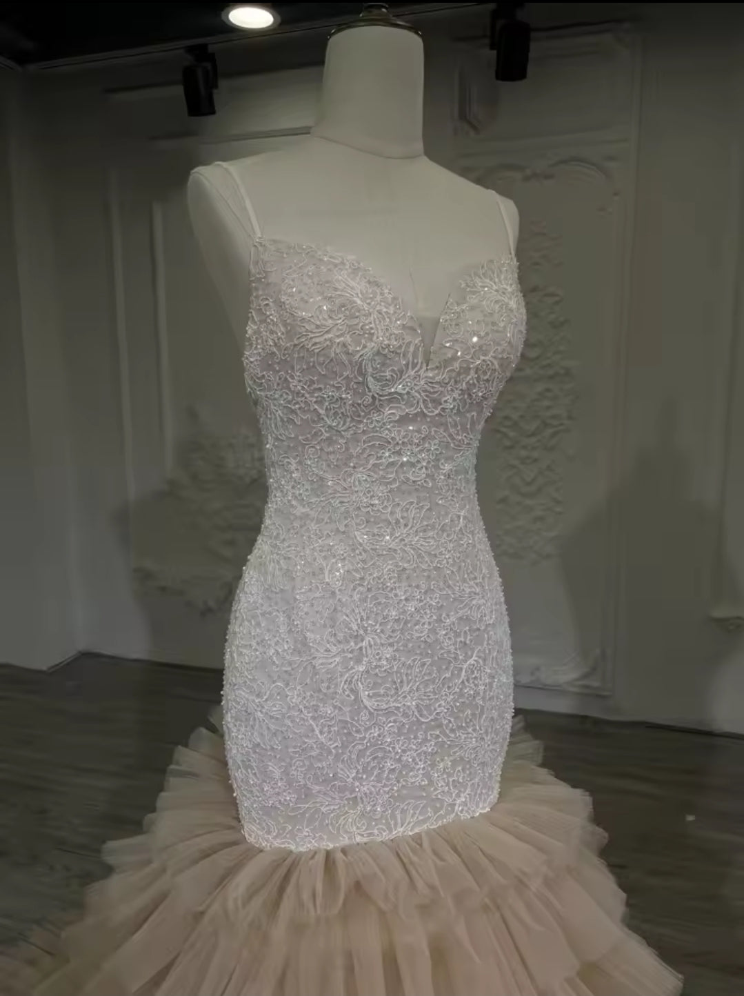 Beautiful Non-Traditional Champagne Sequin Lace Spaghetti Strap Bridal And Ceremonial Fit To Flare Gown With Tiered Ruffled Skirt