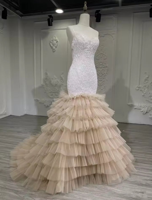 Beautiful Non-Traditional Champagne Sequin Lace Spaghetti Strap Bridal And Ceremonial Fit To Flare Gown With Tiered Ruffled Skirt