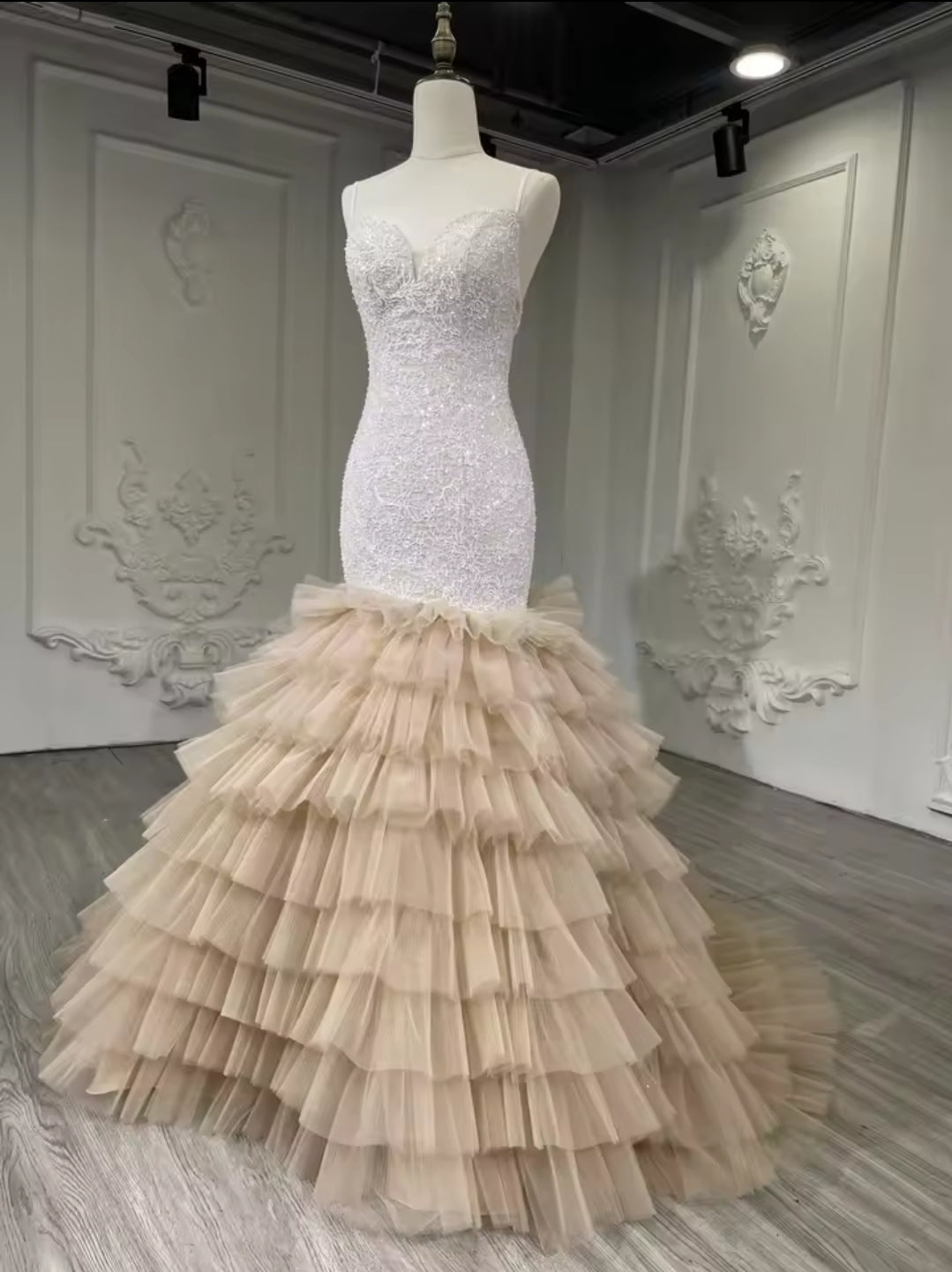 Beautiful Non-Traditional Champagne Sequin Lace Spaghetti Strap Bridal And Ceremonial Fit To Flare Gown With Tiered Ruffled Skirt
