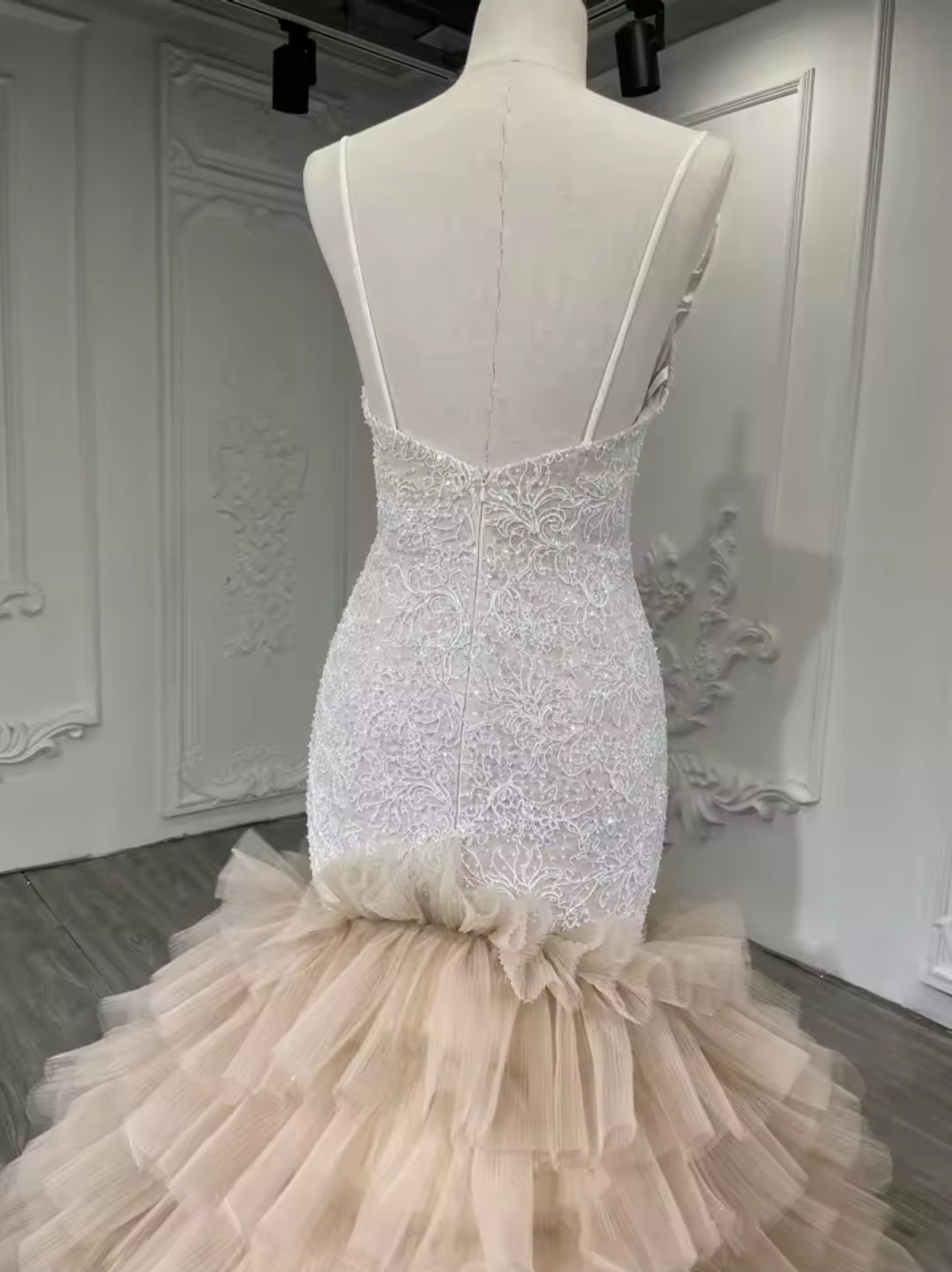 Beautiful Non-Traditional Champagne Sequin Lace Spaghetti Strap Bridal And Ceremonial Fit To Flare Gown With Tiered Ruffled Skirt