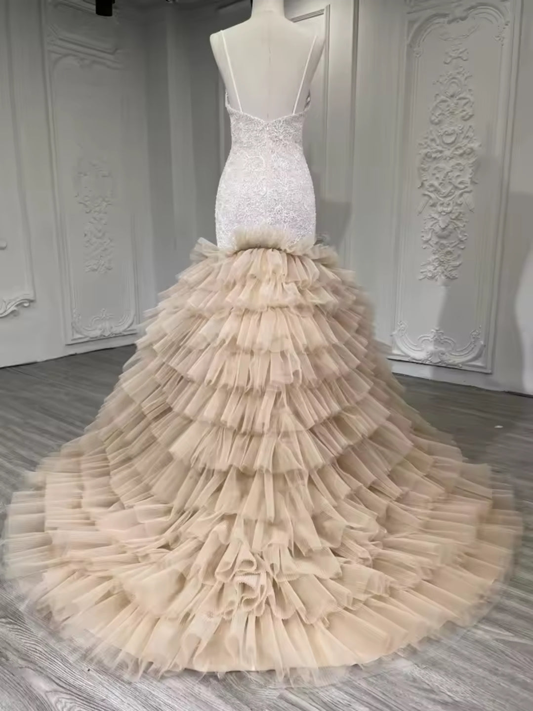 Beautiful Non-Traditional Champagne Sequin Lace Spaghetti Strap Bridal And Ceremonial Fit To Flare Gown With Tiered Ruffled Skirt