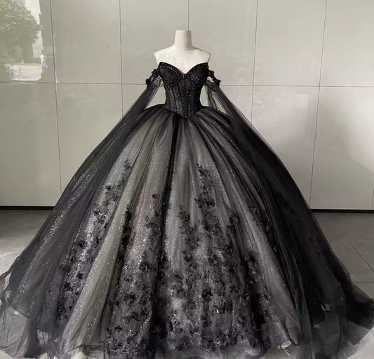 Stunning Sparkling Black A-Line Non-Traditional Trailing Double Train Off The Shoulder Sweetheart Bridal Gown