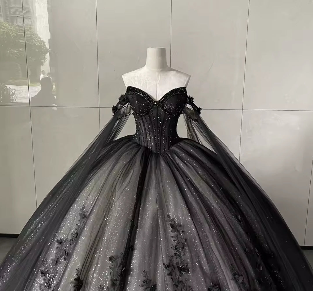 Stunning Sparkling Black A-Line Non-Traditional Trailing Double Train Off The Shoulder Sweetheart Bridal Gown