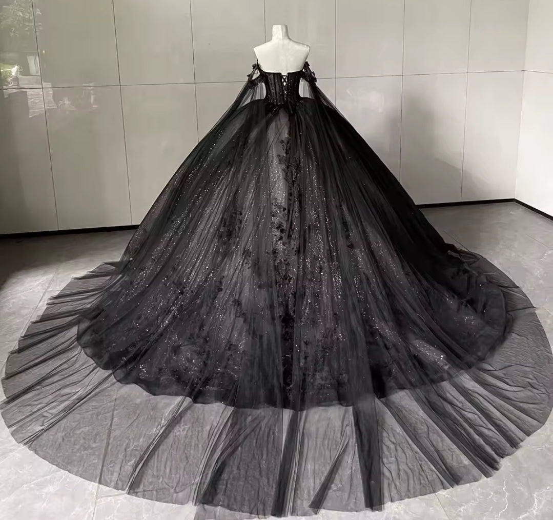 Stunning Sparkling Black A-Line Non-Traditional Trailing Double Train Off The Shoulder Sweetheart Bridal Gown