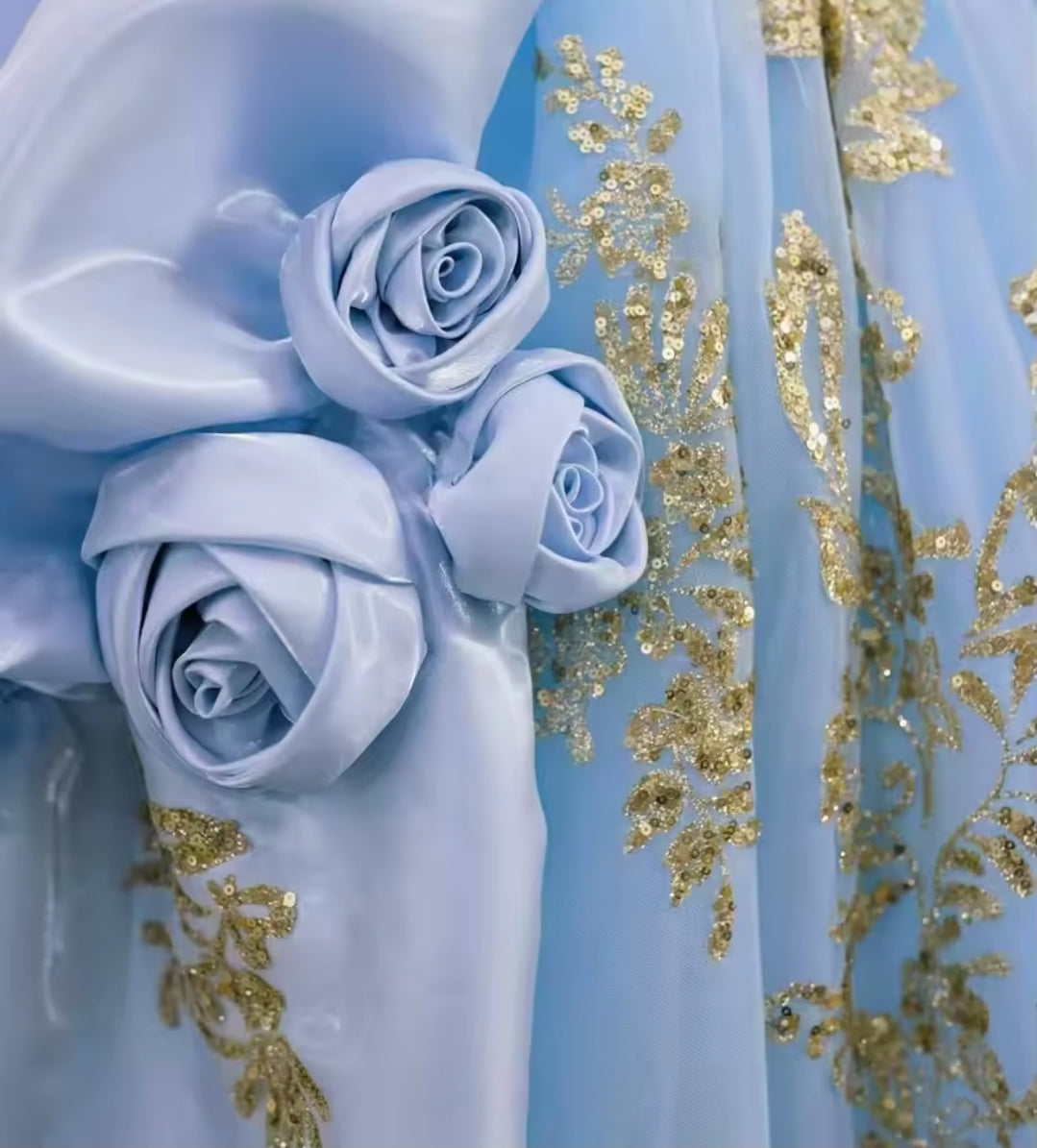 Multi Crystal Beaded Cap Sleeve Blue V Neck Corset A-Line Gone With 3D Floral Motiffs, Scattered Gold Appliqués And Oversized Back Bow Detail