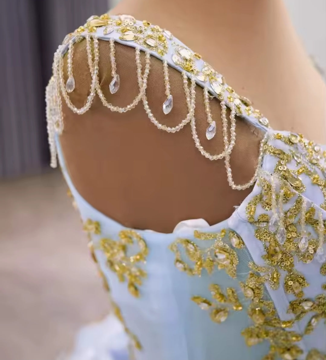 Multi Crystal Beaded Cap Sleeve Blue V Neck Corset A-Line Gone With 3D Floral Motiffs, Scattered Gold Appliqués And Oversized Back Bow Detail