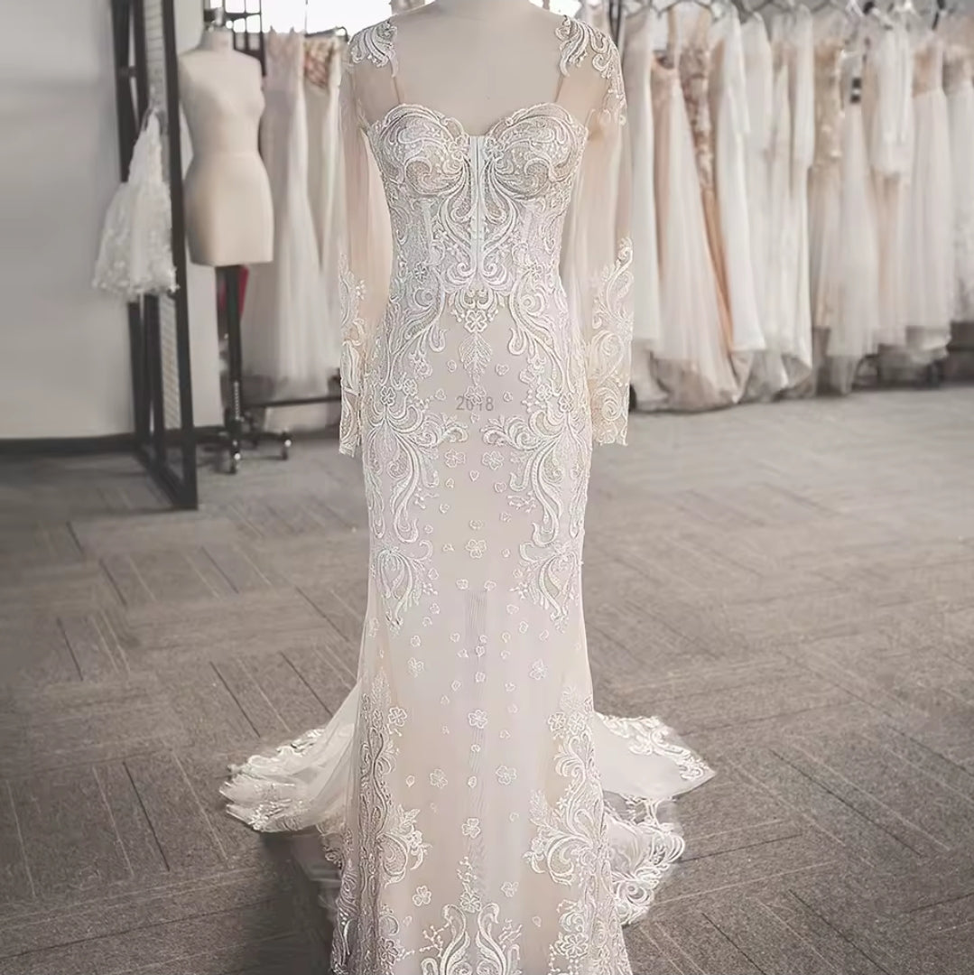 Simple & Modern Long Sleeve Sweetheart Sheath 2025 Bridal And Ceremonial Gown With Pinched Back Train Detail