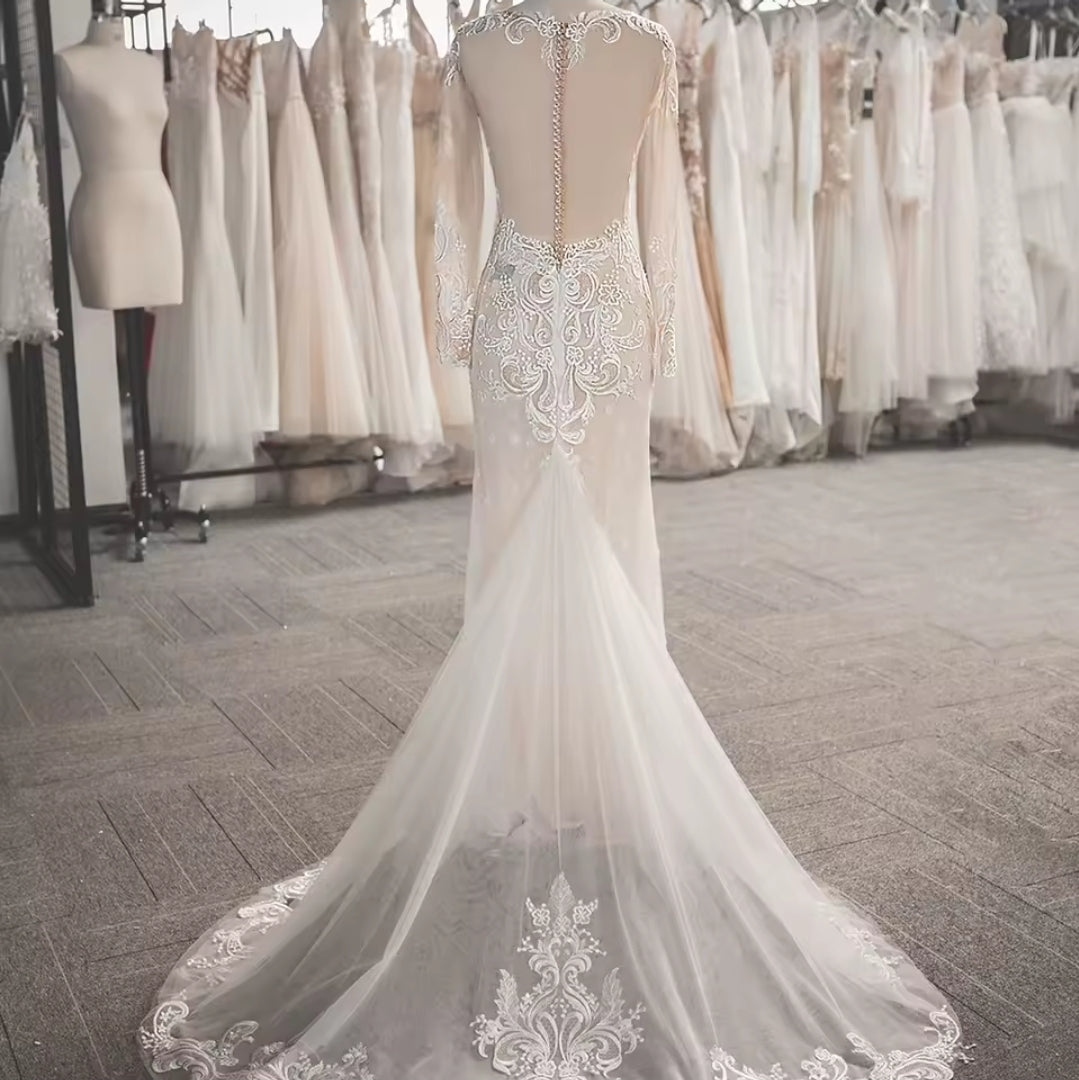 Simple & Modern Long Sleeve Sweetheart Sheath 2025 Bridal And Ceremonial Gown With Pinched Back Train Detail