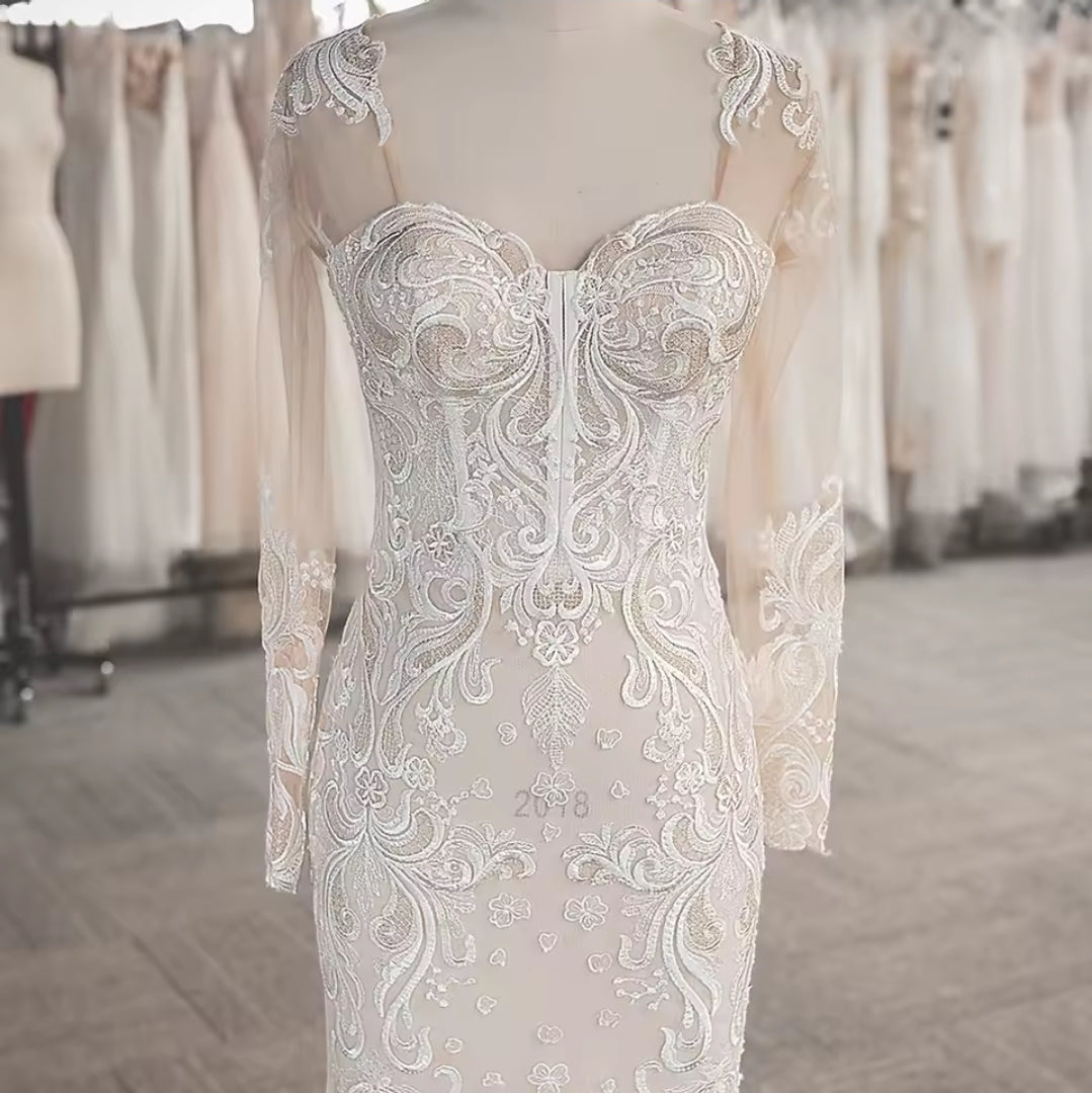 Simple & Modern Long Sleeve Sweetheart Sheath 2025 Bridal And Ceremonial Gown With Pinched Back Train Detail