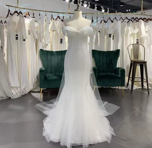 Pleated Off The Shoulder Sweetheart Sequinned Trumpet Bridal & Ceremonial Gown With Front Floral Beaded Embellishment And Back Train