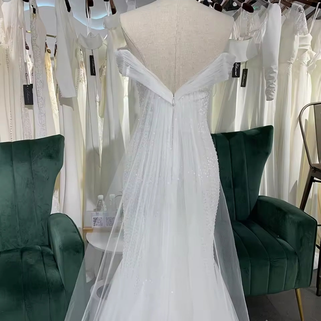Pleated Off The Shoulder Sweetheart Sequinned Trumpet Bridal & Ceremonial Gown With Front Floral Beaded Embellishment And Back Train