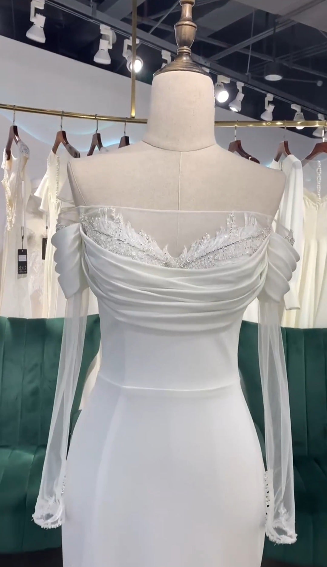Draped Pleated Off The Shoulder Sheer 3/4 Sleeve Trumpet Bridal, Ceremonial, Gow Renewal Gown With Thigh High Skirt Split