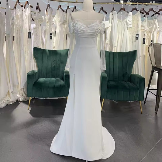 Draped Pleated Off The Shoulder Sheer 3/4 Sleeve Trumpet Bridal, Ceremonial, Gow Renewal Gown With Thigh High Skirt Split