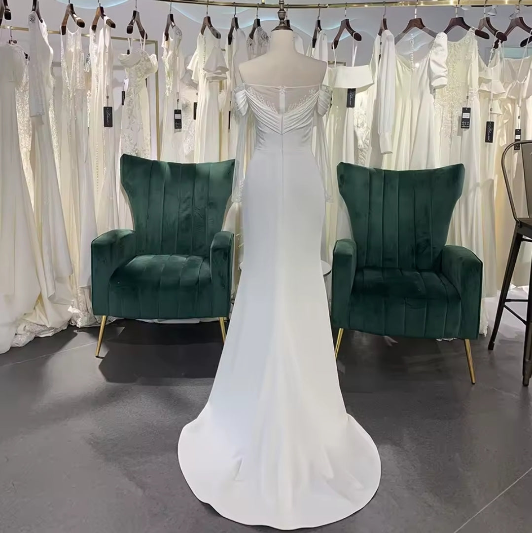 Draped Pleated Off The Shoulder Sheer 3/4 Sleeve Trumpet Bridal, Ceremonial, Gow Renewal Gown With Thigh High Skirt Split