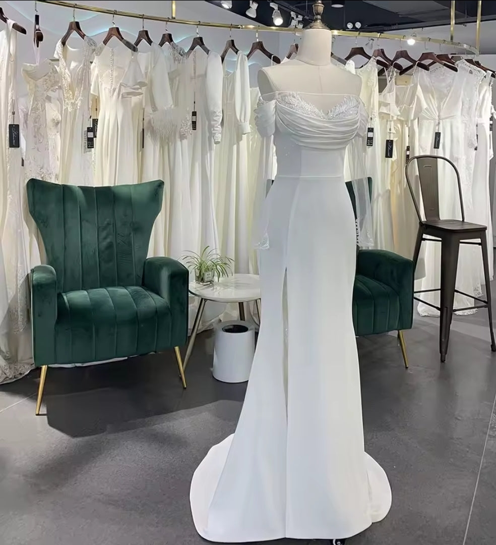 Draped Pleated Off The Shoulder Sheer 3/4 Sleeve Trumpet Bridal, Ceremonial, Gow Renewal Gown With Thigh High Skirt Split