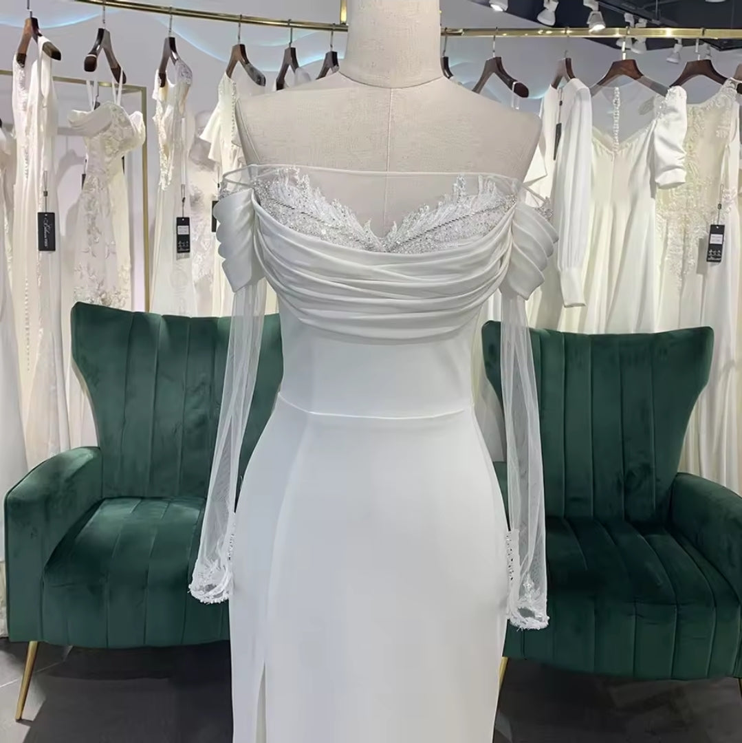 Draped Pleated Off The Shoulder Sheer 3/4 Sleeve Trumpet Bridal, Ceremonial, Gow Renewal Gown With Thigh High Skirt Split