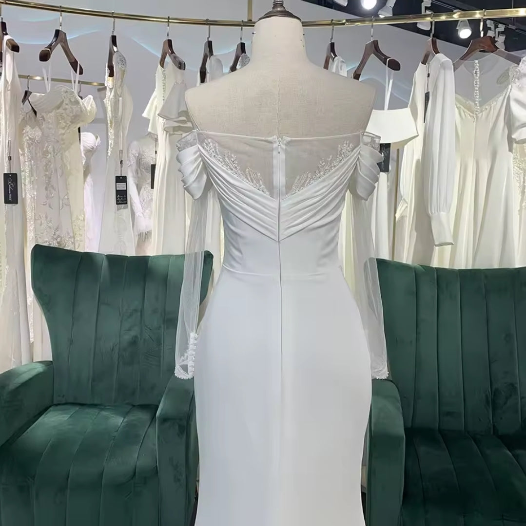 Draped Pleated Off The Shoulder Sheer 3/4 Sleeve Trumpet Bridal, Ceremonial, Gow Renewal Gown With Thigh High Skirt Split
