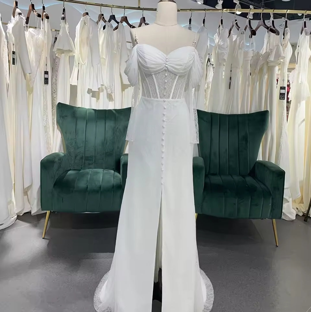 Multi Sized Pearl Beaded Spaghetti Strap Off The Shoulder 3/4 Sleeve Ruched Sweetheart Neckline With Lace Underlay Corset Style Straight Bridal And Ceremonial Gown