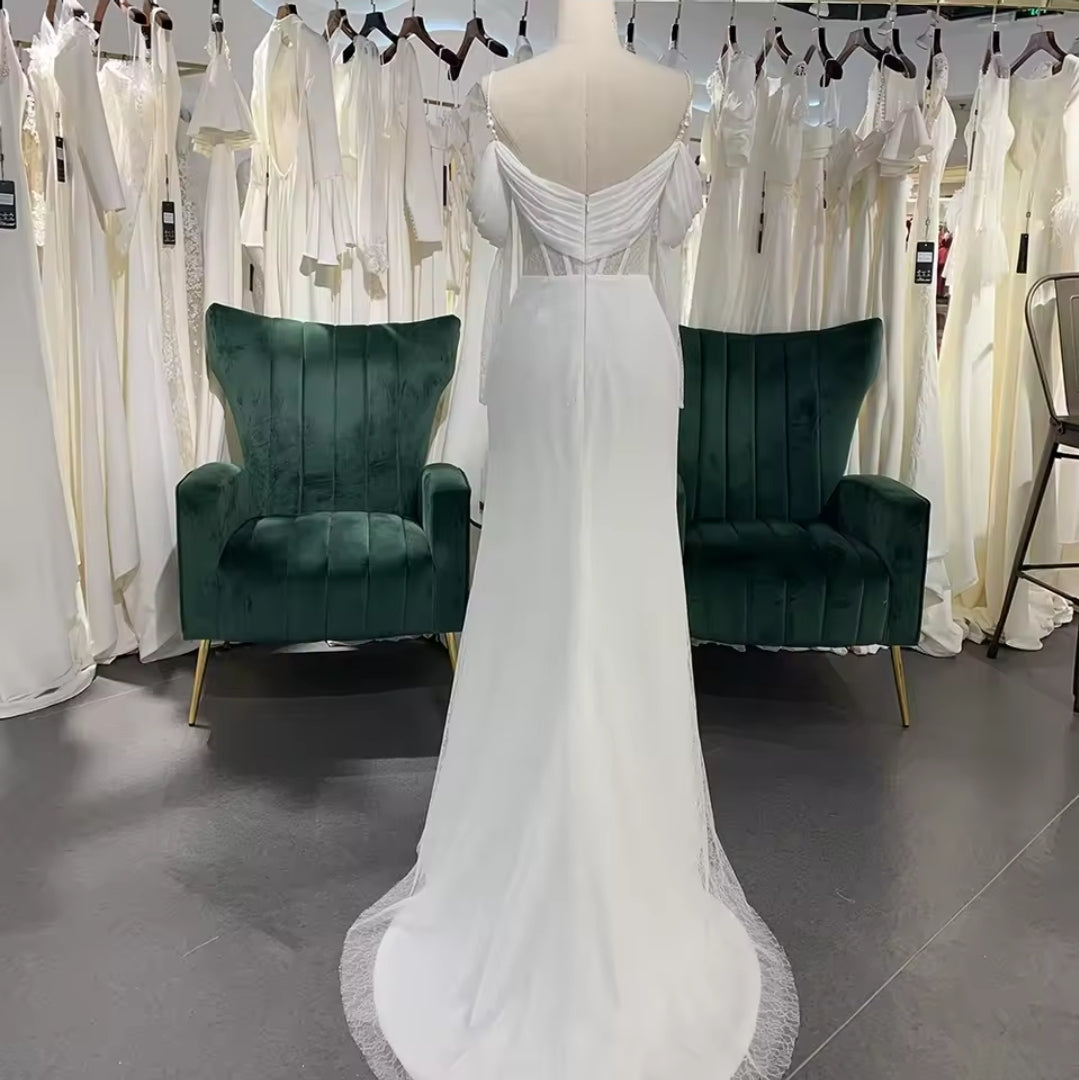 Multi Sized Pearl Beaded Spaghetti Strap Off The Shoulder 3/4 Sleeve Ruched Sweetheart Neckline With Lace Underlay Corset Style Straight Bridal And Ceremonial Gown