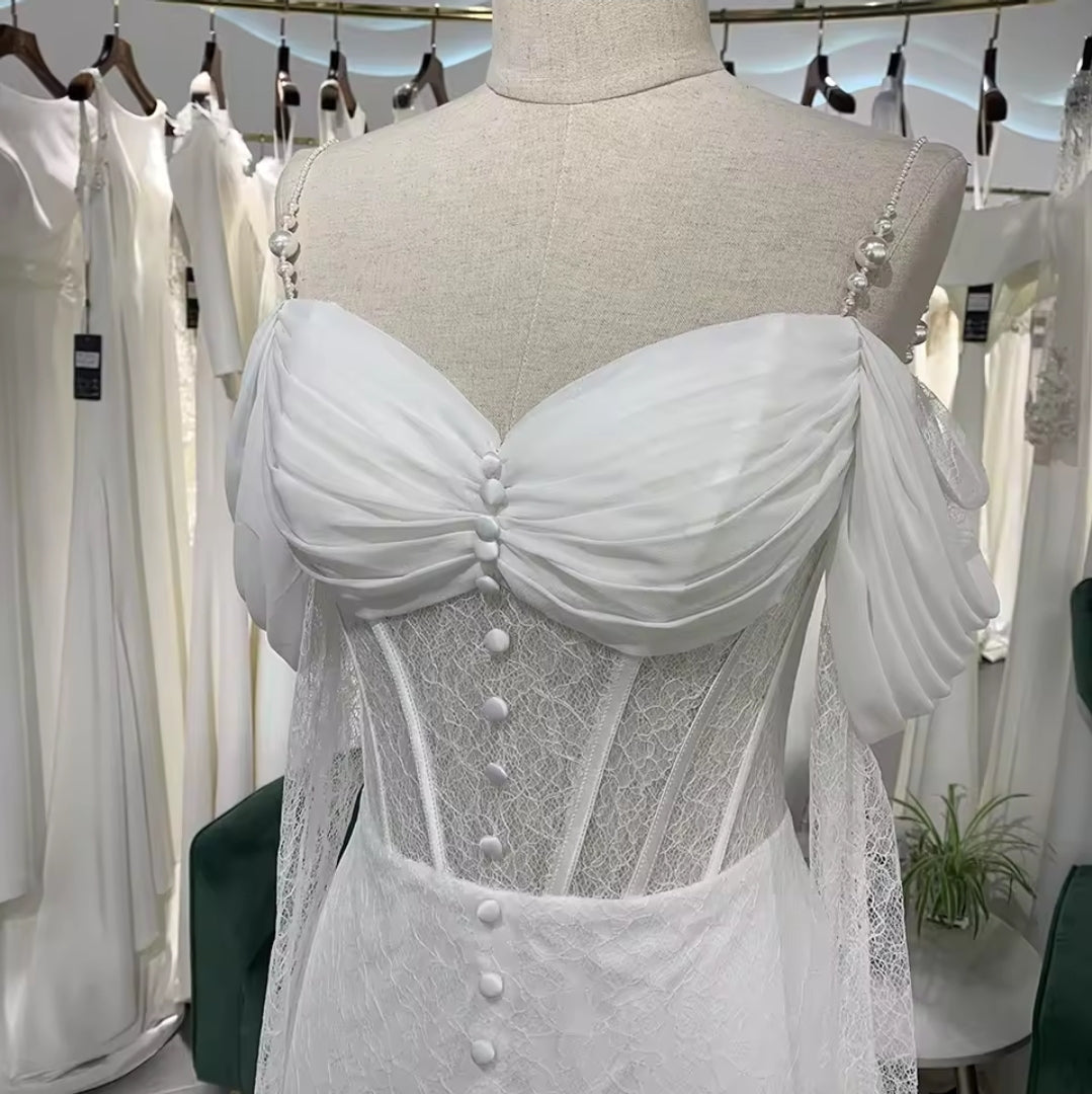 Multi Sized Pearl Beaded Spaghetti Strap Off The Shoulder 3/4 Sleeve Ruched Sweetheart Neckline With Lace Underlay Corset Style Straight Bridal And Ceremonial Gown