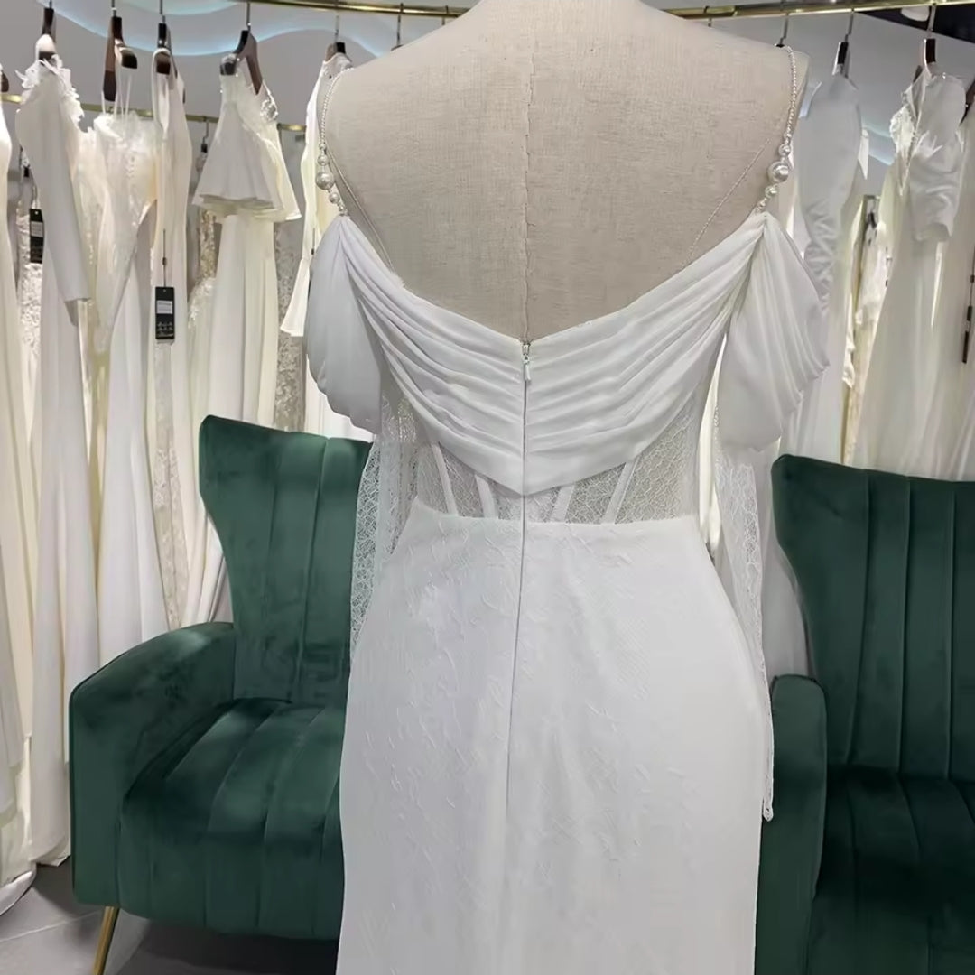 Multi Sized Pearl Beaded Spaghetti Strap Off The Shoulder 3/4 Sleeve Ruched Sweetheart Neckline With Lace Underlay Corset Style Straight Bridal And Ceremonial Gown