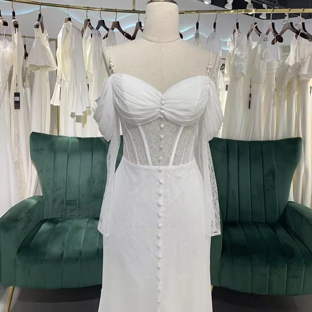 Multi Sized Pearl Beaded Spaghetti Strap Off The Shoulder 3/4 Sleeve Ruched Sweetheart Neckline With Lace Underlay Corset Style Straight Bridal And Ceremonial Gown