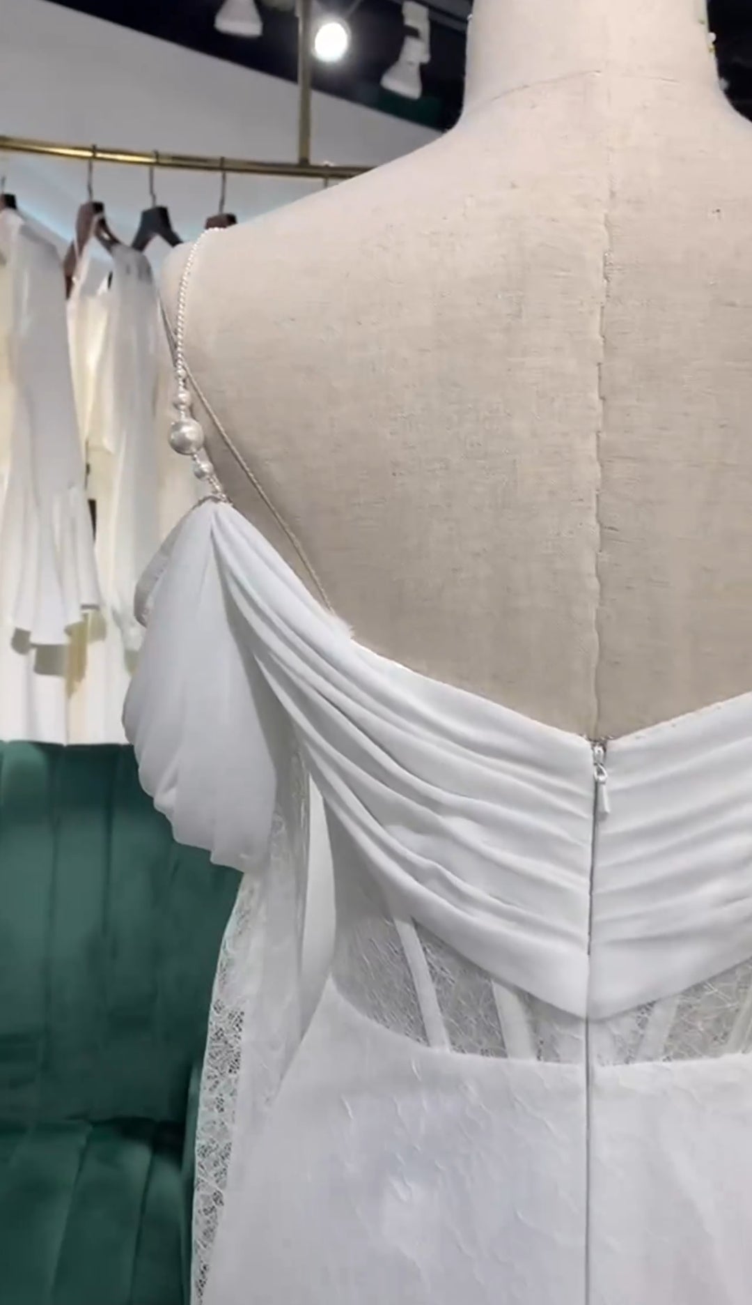 Multi Sized Pearl Beaded Spaghetti Strap Off The Shoulder 3/4 Sleeve Ruched Sweetheart Neckline With Lace Underlay Corset Style Straight Bridal And Ceremonial Gown
