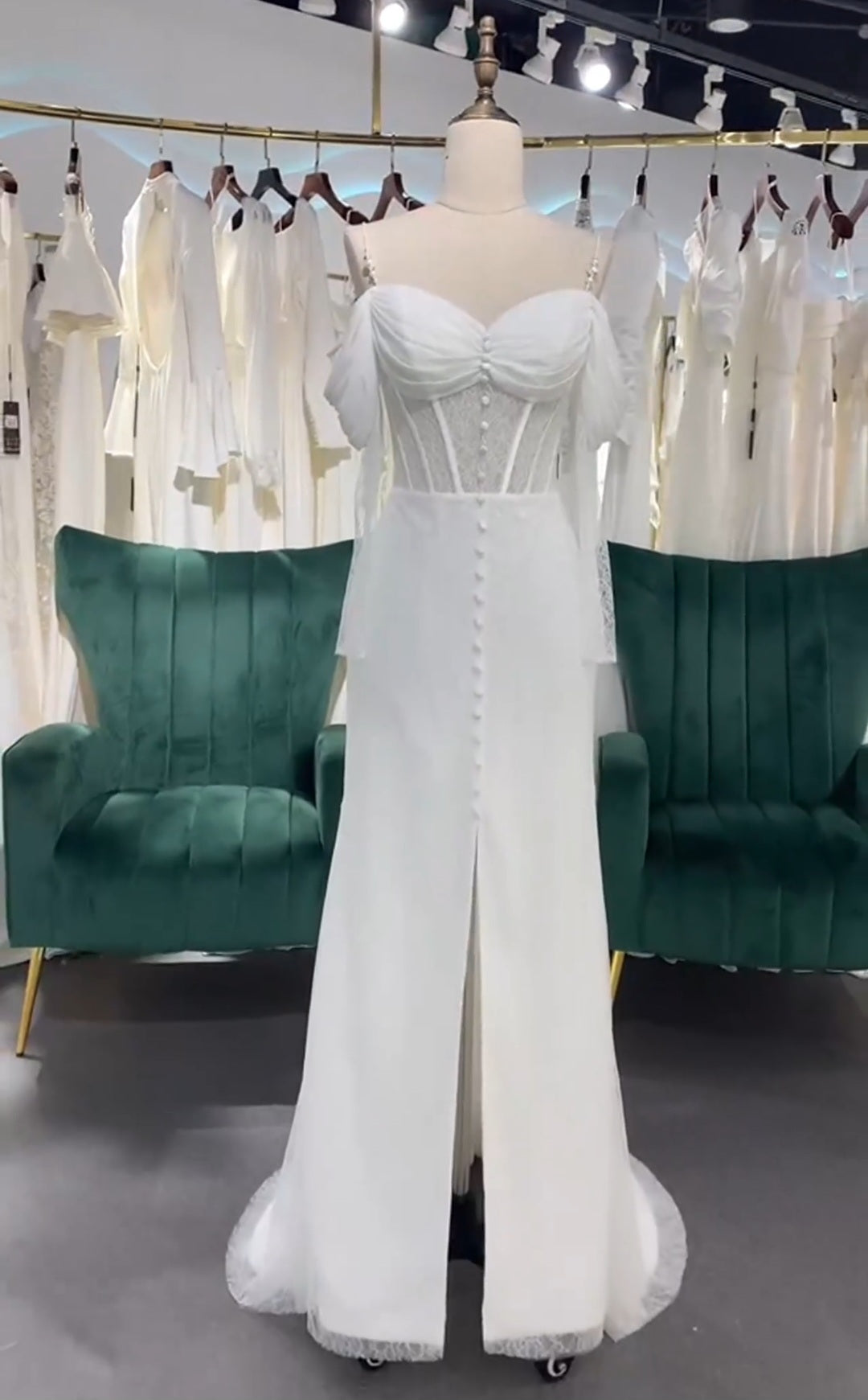 Multi Sized Pearl Beaded Spaghetti Strap Off The Shoulder 3/4 Sleeve Ruched Sweetheart Neckline With Lace Underlay Corset Style Straight Bridal And Ceremonial Gown