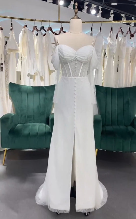 Multi Sized Pearl Beaded Spaghetti Strap Off The Shoulder 3/4 Sleeve Ruched Sweetheart Neckline With Lace Underlay Corset Style Straight Bridal And Ceremonial Gown