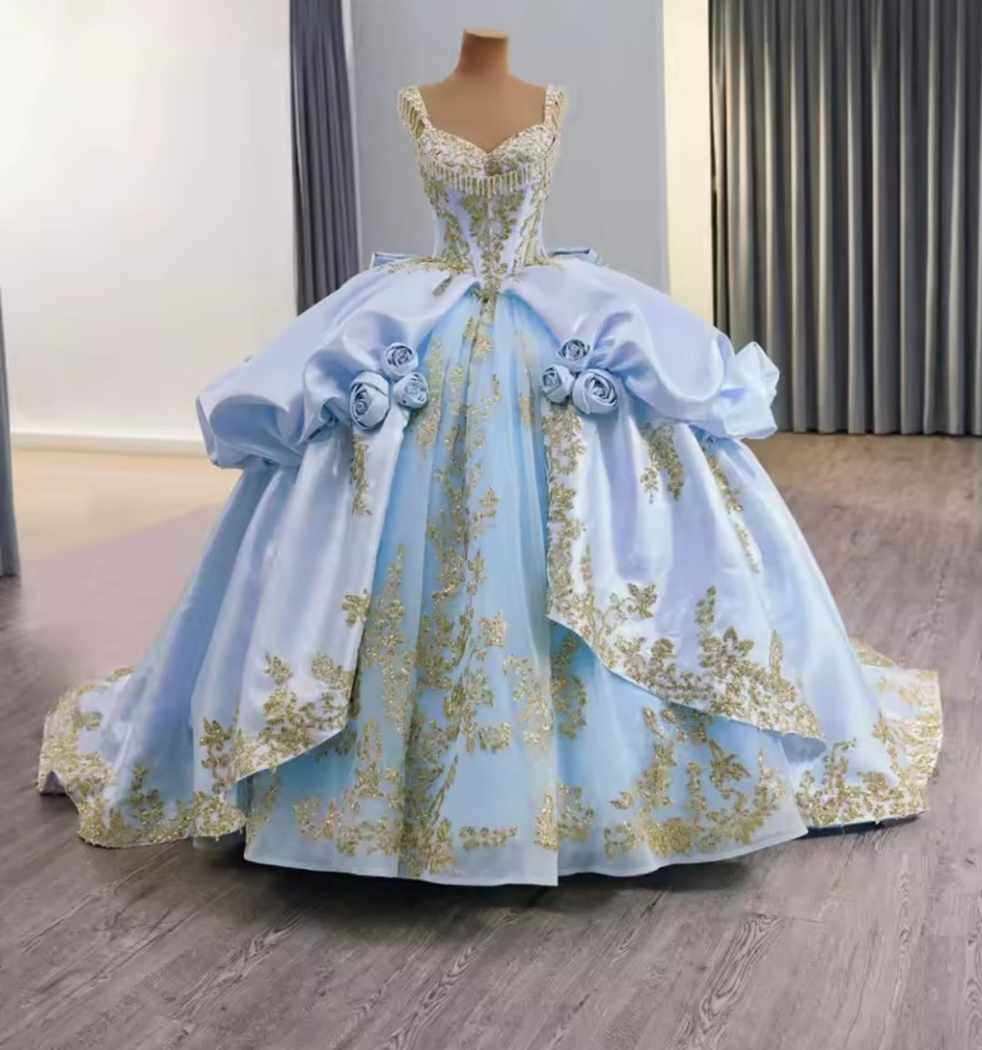 Multi Crystal Beaded Cap Sleeve Blue V Neck Corset A-Line Gone With 3D Floral Motiffs, Scattered Gold Appliqués And Oversized Back Bow Detail