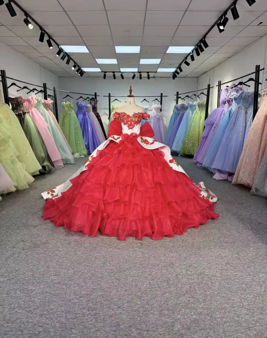 Floral Red And White Sequinned Appliqués Off The Shoulder Multi Layered Spanish Quinceañera, Sweet 16, Bat Mitzvah, Pageant And Special Occasion A-Line Gown