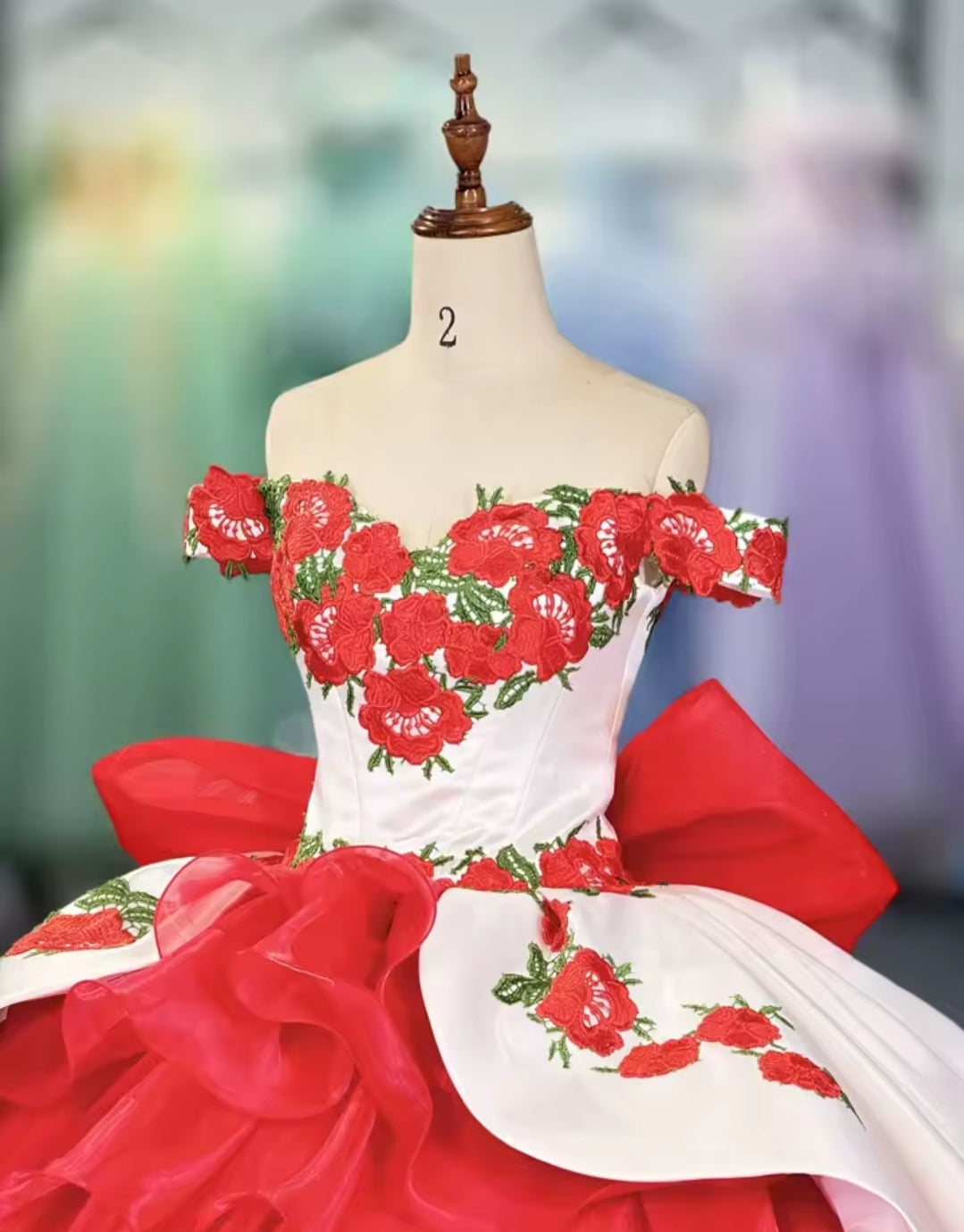 Floral Red And White Sequinned Appliqués Off The Shoulder Multi Layered Spanish Quinceañera, Sweet 16, Bat Mitzvah, Pageant And Special Occasion A-Line Gown