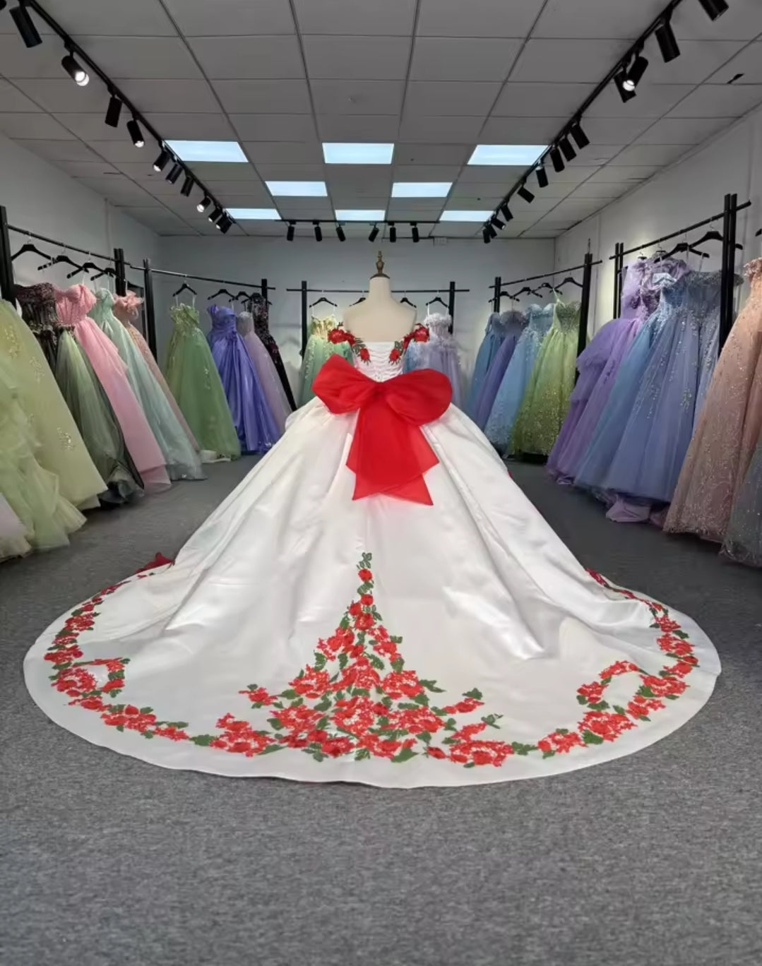 Floral Red And White Sequinned Appliqués Off The Shoulder Multi Layered Spanish Quinceañera, Sweet 16, Bat Mitzvah, Pageant And Special Occasion A-Line Gown