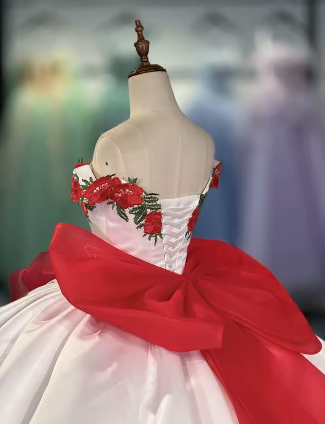 Floral Red And White Sequinned Appliqués Off The Shoulder Multi Layered Spanish Quinceañera, Sweet 16, Bat Mitzvah, Pageant And Special Occasion A-Line Gown