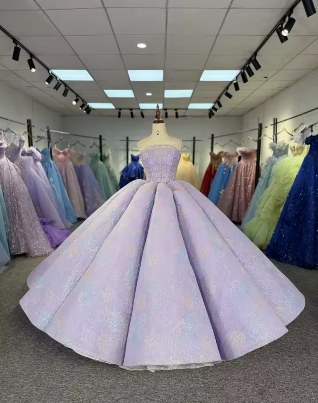 Strapless Purple Floral Boat Neck Crystal Beaded Grid Bodice A-Line Quinceañera, Special Occasion, Sweet 16, Pageant, Prom And Bat Mitzvah Ball Gown