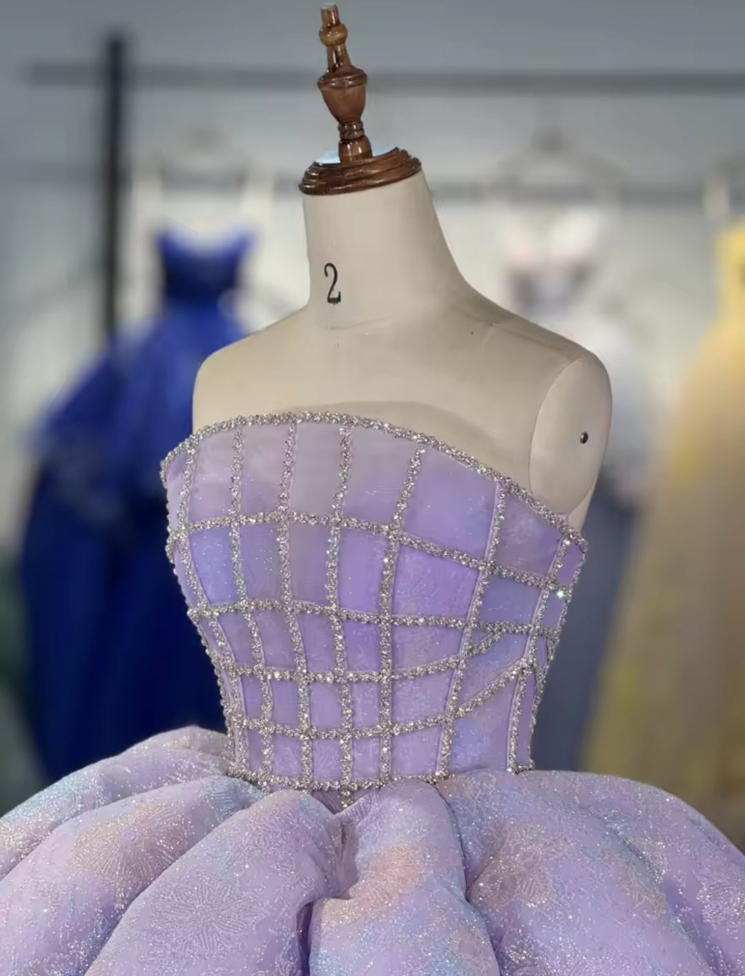 Strapless Purple Floral Boat Neck Crystal Beaded Grid Bodice A-Line Quinceañera, Special Occasion, Sweet 16, Pageant, Prom And Bat Mitzvah Ball Gown
