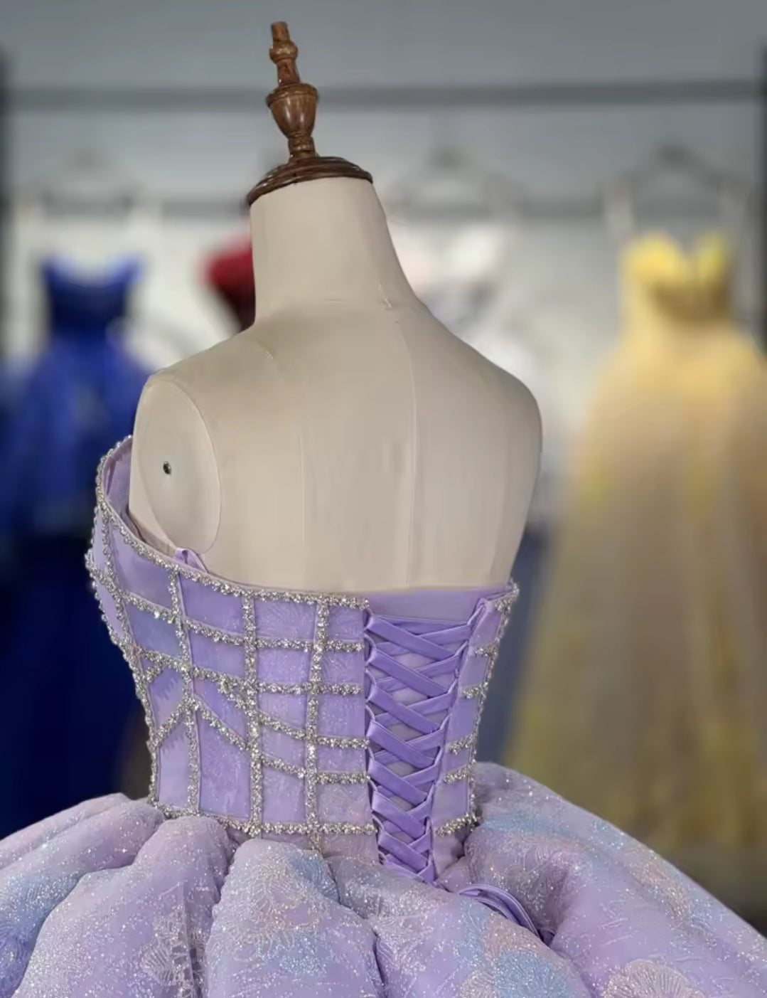 Strapless Purple Floral Boat Neck Crystal Beaded Grid Bodice A-Line Quinceañera, Special Occasion, Sweet 16, Pageant, Prom And Bat Mitzvah Ball Gown