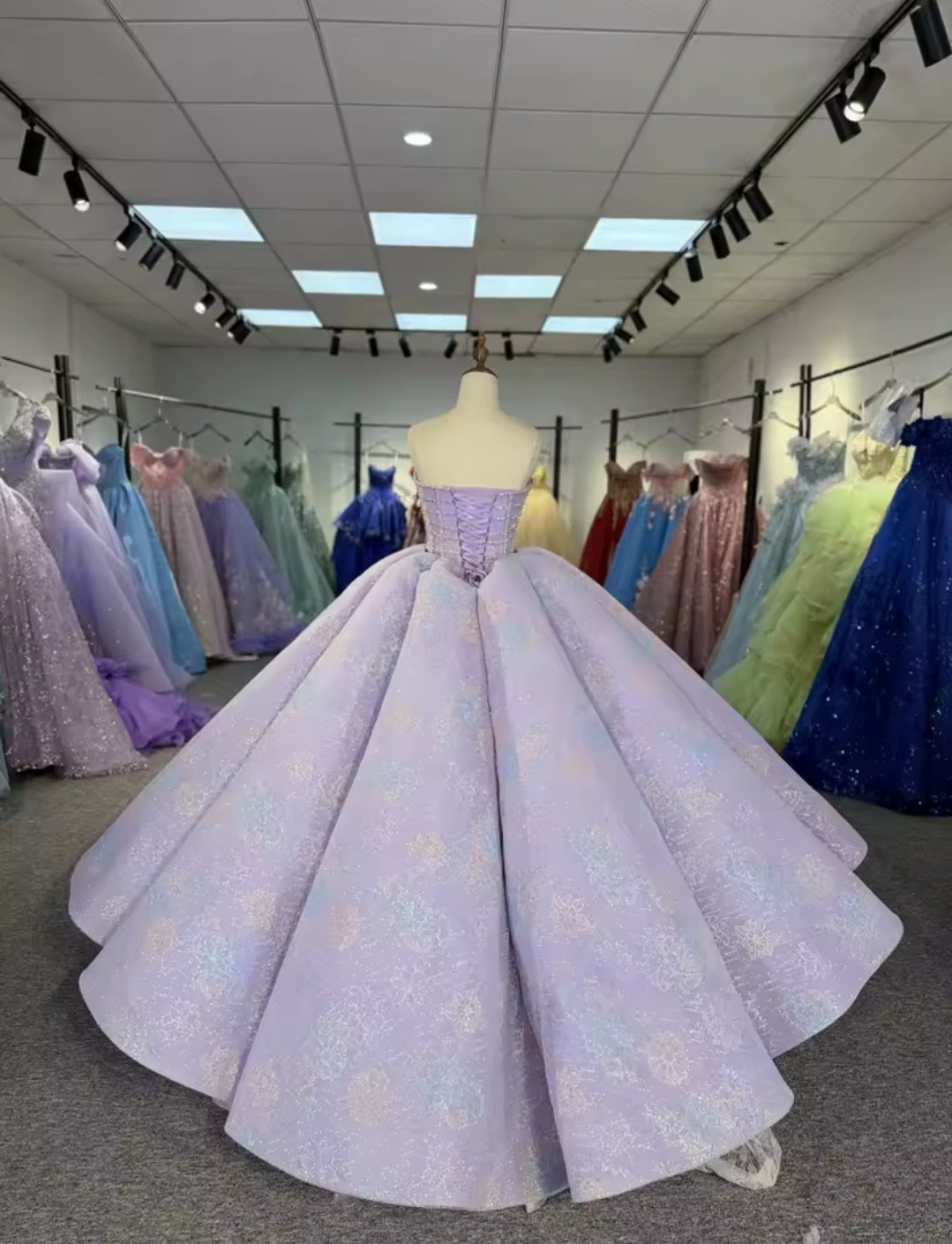 Strapless Purple Floral Boat Neck Crystal Beaded Grid Bodice A-Line Quinceañera, Special Occasion, Sweet 16, Pageant, Prom And Bat Mitzvah Ball Gown