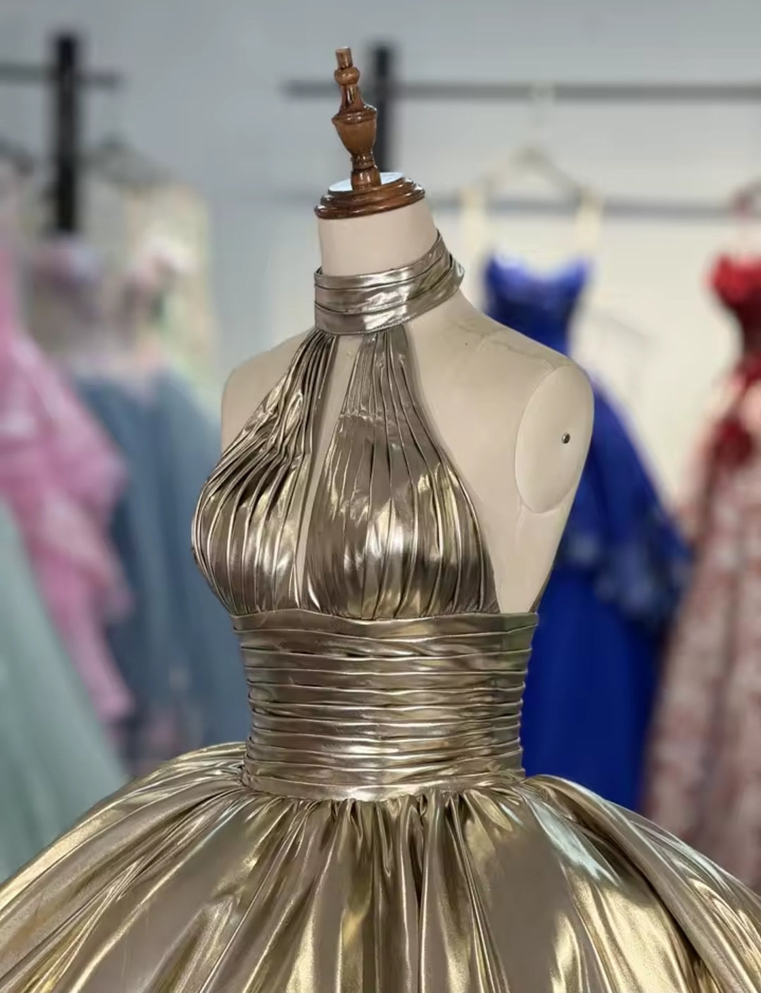 Gold Perfection Halter Key Hole Neck Pleated Cinched High Waisted A-Line Special Occasion, Bridal, Quinceañera, Sweet 16, Bat Mitzvah Gown