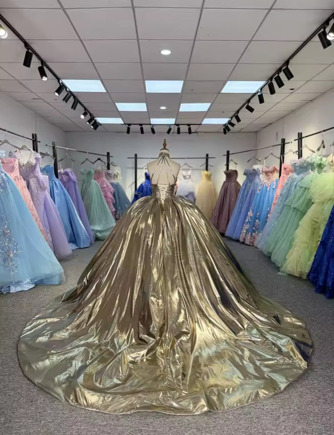 Gold Perfection Halter Key Hole Neck Pleated Cinched High Waisted A-Line Special Occasion, Bridal, Quinceañera, Sweet 16, Bat Mitzvah Gown
