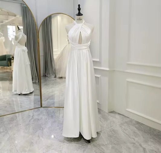 Simple Pleated Halter Keyhole Floor Length Bridal, Vow Renewal, Civil Ceremony, Bridesmaids Gown