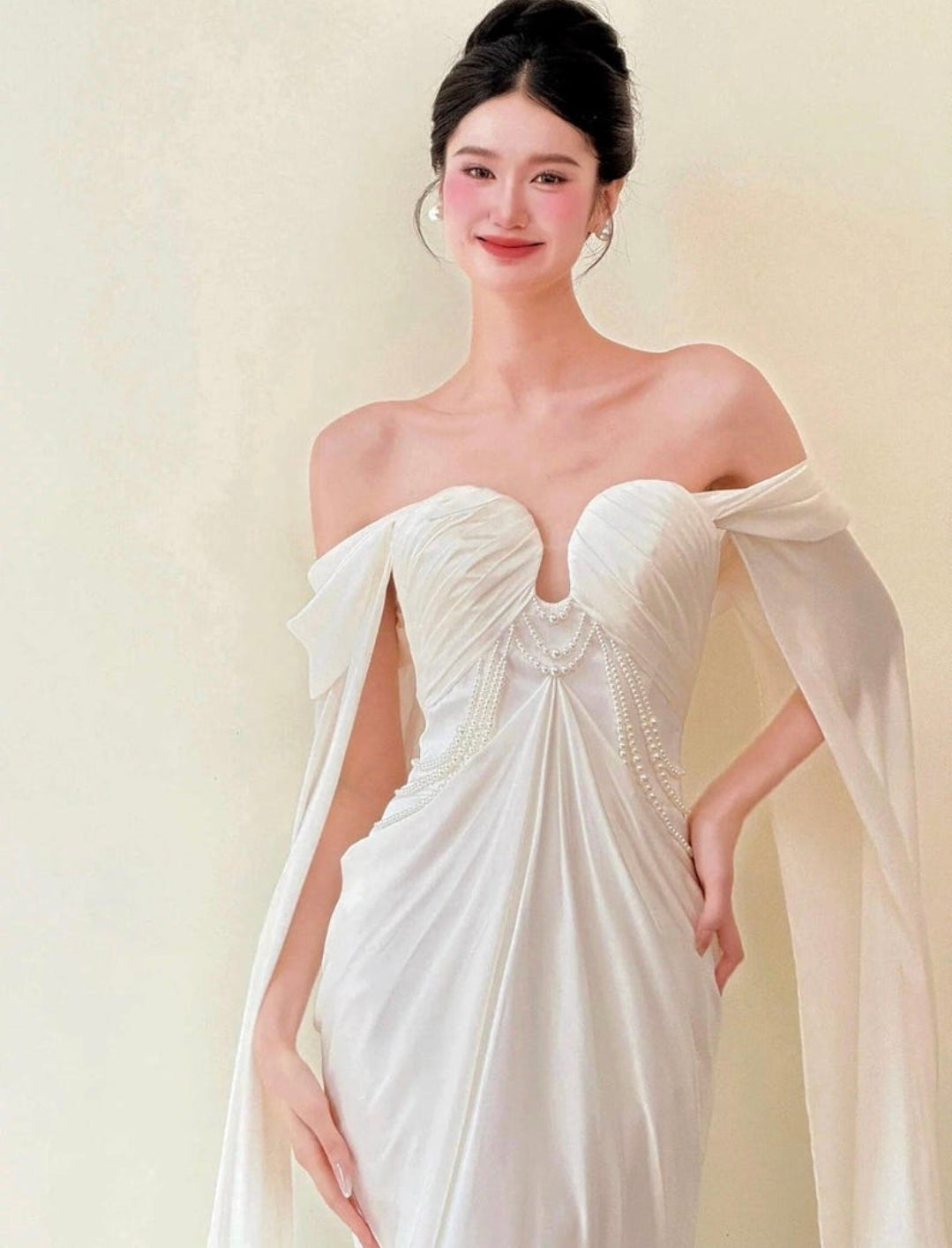 Elegant Off The Shoulder Floor Length Arm Train Multi Draped Sweetheart Neckline With Draped Pearl Beading Sheath Bridal And Ceremonial Gown