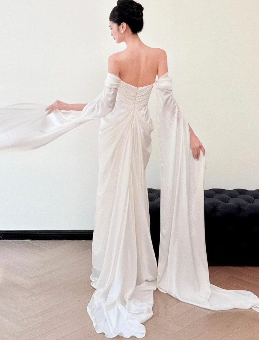 Elegant Off The Shoulder Floor Length Arm Train Multi Draped Sweetheart Neckline With Draped Pearl Beading Sheath Bridal And Ceremonial Gown